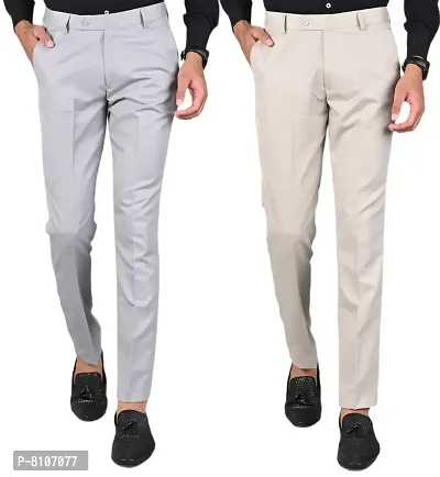 MANCREW Slim Fit Formal Trousers For Men- Light Grey, Beige Combo (Pack Of 2)-thumb0