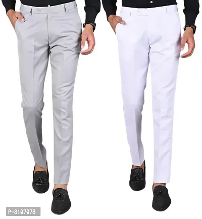 MANCREW Slim Fit Formal Trousers For Men- Light Grey, White Combo (Pack Of 2)-thumb0