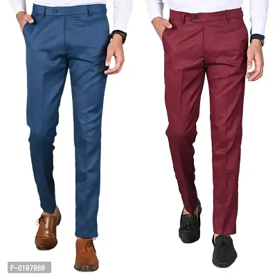 MANCREW Slim Fit Formal Trousers For Men- Blue, Maroon Combo (Pack Of 2)-thumb0