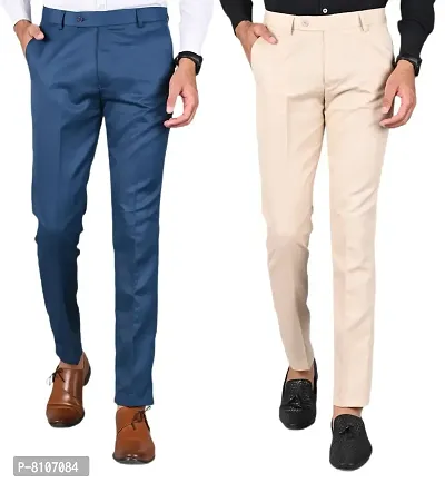 MANCREW Slim Fit Formal Trousers For Men- Blue, Cream Combo (Pack Of 2)-thumb0