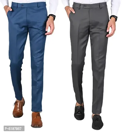 MANCREW Slim Fit Formal Trousers For Men- Blue, Dark Grey Combo (Pack Of 2)-thumb0