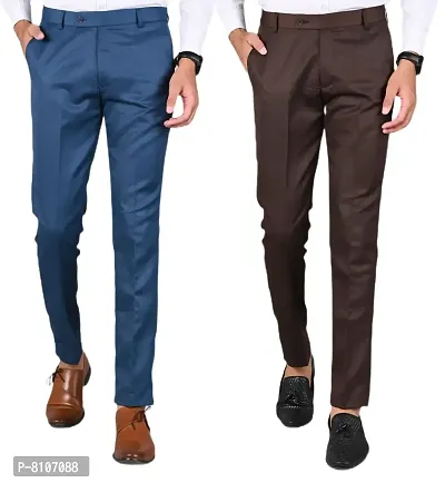 MANCREW Slim Fit Formal Trousers For Men- Blue, Coffee Combo (Pack Of 2)-thumb0