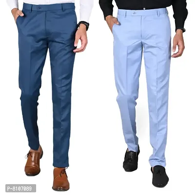 MANCREW Slim Fit Formal Trousers For Men- Blue, Light Blue Combo (Pack Of 2)-thumb0