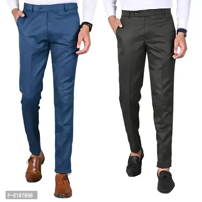 MANCREW Slim Fit Formal Trousers For Men- Blue, Green Combo (Pack Of 2)