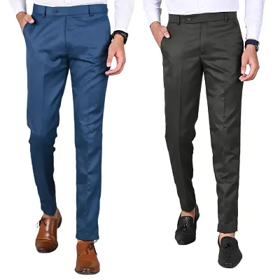 MANCREW Slim Fit Formal Trousers For Men- Blue, Green Combo (Pack Of 2)