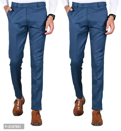MANCREW Slim Fit Formal Trousers For Men- Blue, Blue Combo (Pack Of 2)