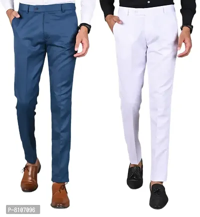 MANCREW Slim Fit Formal Trousers For Men- Blue, White Combo (Pack Of 2)