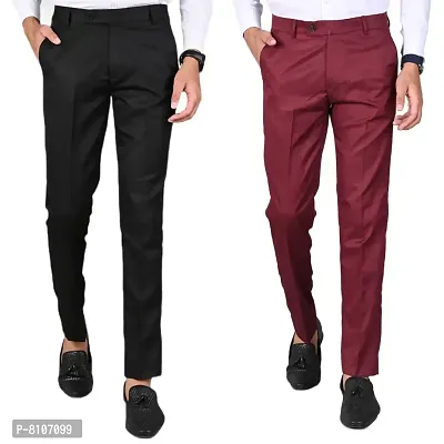Multicoloured Polyester Mid Rise Formal Trousers For Men Pack of 2