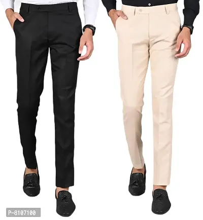 Multicoloured Polyester Mid Rise Formal Trousers for men pack of 2