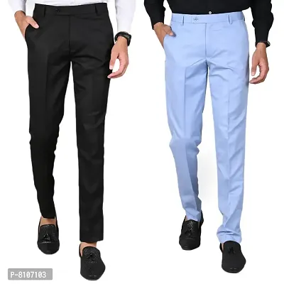 MANCREW Polyester Slim Fit Formal Trousers For Men - Black, Light Blue Combo (Pack Of 2)