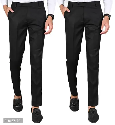 MANCREW Polyester Slim Fit Formal Trousers For Men - Black, Black Combo (Pack Of 2)
