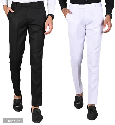 MANCREW Polyester Slim Fit Formal Trousers For Men - Black, White Combo (Pack Of 2)-thumb0
