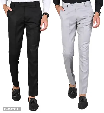 MANCREW Polyester Slim Fit Formal Trousers For Men - Black, Light Grey Combo (Pack Of 2)-thumb0