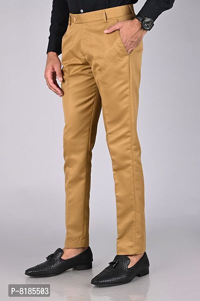 Khaki Polycotton Mid Rise Formal Trousers for men-thumb2