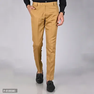 Khaki Polycotton Mid Rise Formal Trousers for men
