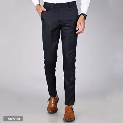 Navy Blue Polycotton Mid Rise Formal Trousers for men