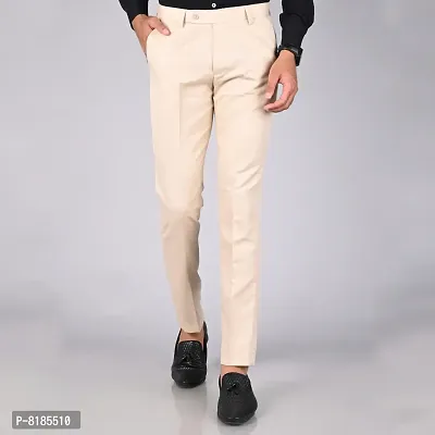 Beige Polycotton Mid Rise Formal Trousers for men