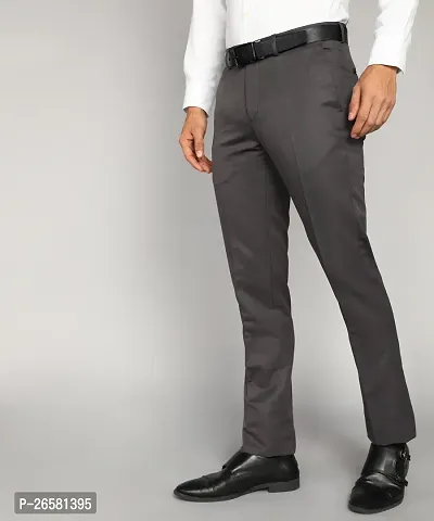 Reliable Grey Cotton Blend Solid Mid-Rise Trousers For Men-thumb2