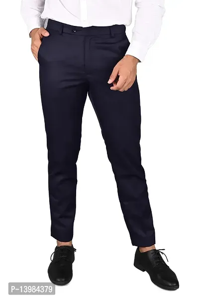 Navy Blue Polyester Blend Formal Trousers For Men