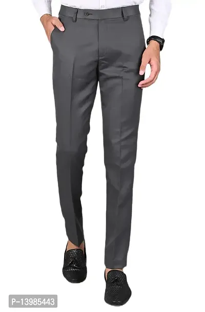 Grey Polyester Formal Trousers For Men