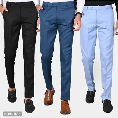 Blue Polyester Blend Mid Rise Formal Trousers For Men Pack of 3