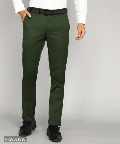 Reliable Green Cotton Blend Solid Mid-Rise Trousers For Men