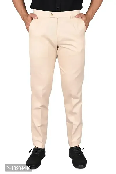 Beige Polyester Blend Formal Trousers For Men
