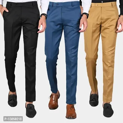 Khaki Polyester Blend Mid Rise Formal Trousers For Men Pack of 3