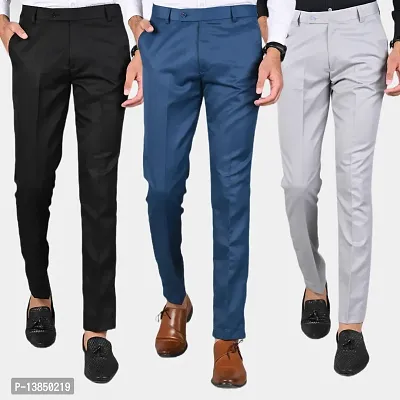 Black Polyester Blend Mid Rise Formal Trousers For Men Pack of 3