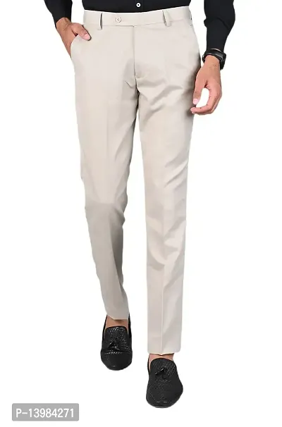 Beige Polyester Formal Trousers For Men
