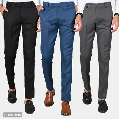 Grey Polyester Blend Mid Rise Formal Trousers For Men Pack of 3