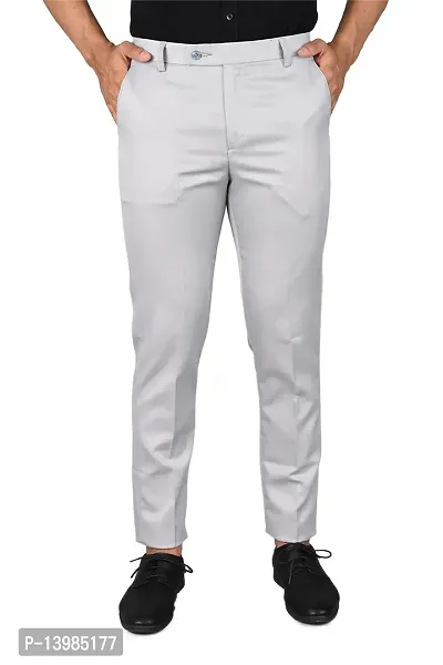 Grey Polyester Blend Formal Trousers For Men