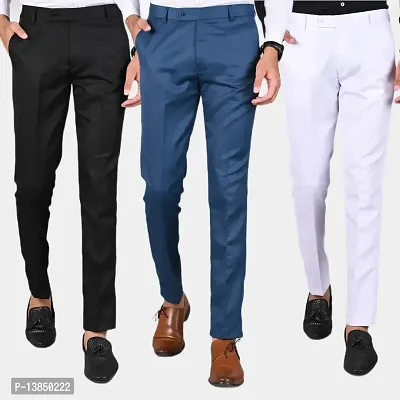 White Polyester Blend Mid Rise Formal Trousers For Men Pack of 3