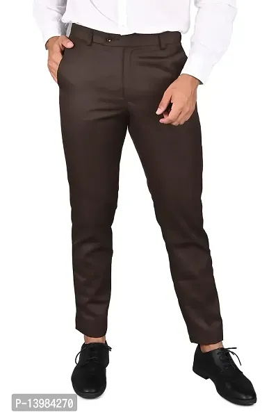 Brown Polyester Blend Formal Trousers For Men