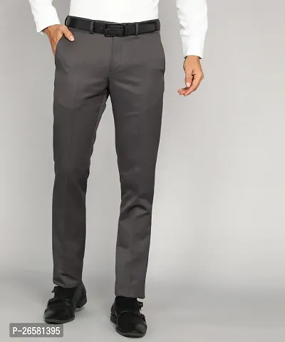 Reliable Grey Cotton Blend Solid Mid-Rise Trousers For Men