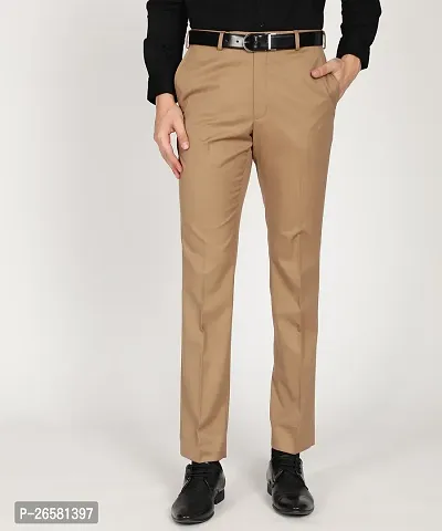 Reliable Khaki Cotton Blend Solid Mid-Rise Trousers For Men