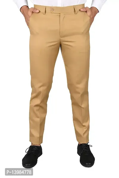 Khaki Polyester Blend Formal Trousers For Men