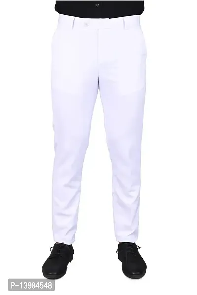 White Polyester Blend Formal Trousers For Men