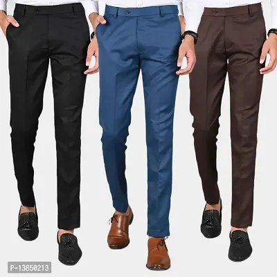Coffee Polyester Blend Mid Rise Formal Trousers For Men Pack of 3