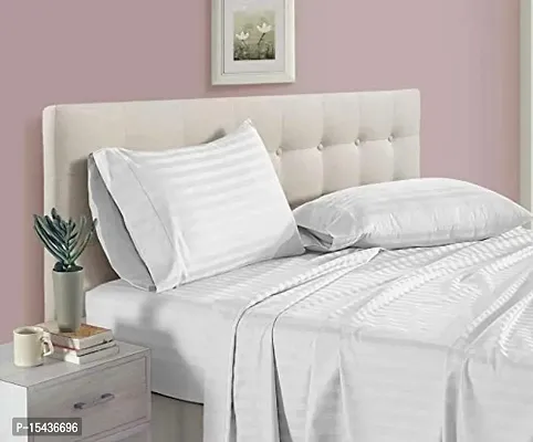 220 TC Glace Cotton Satin Stripes | Lining Plain Double Bedsheet with Two Pillow Cover | Home Use | Hotels | Guest House | 90 x 100 Inches | (King, White)-thumb0