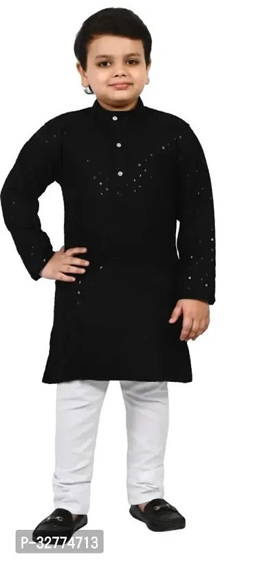 Elegant Black Cotton Blend Embroidered Kurta Pajama Set  For Boys