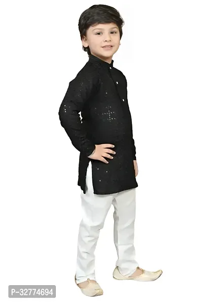 Elegant Black Cotton Blend Embroidered Kurta Pajama Set For Boys-thumb3