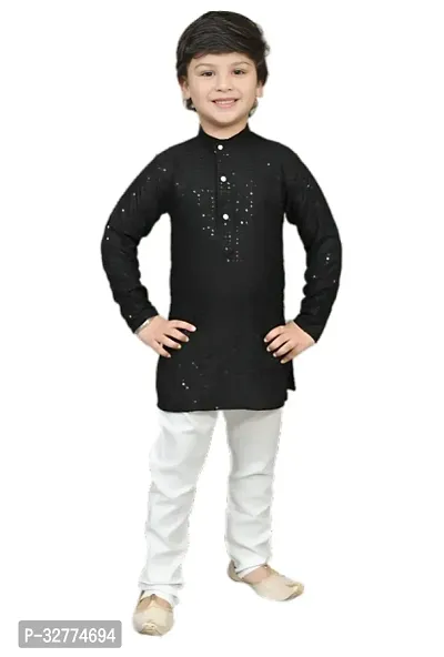 Elegant Black Cotton Blend Embroidered Kurta Pajama Set For Boys-thumb0