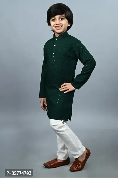 Elegant Green Cotton Blend Embroidered Kurta Pajama Set  For Boys-thumb2