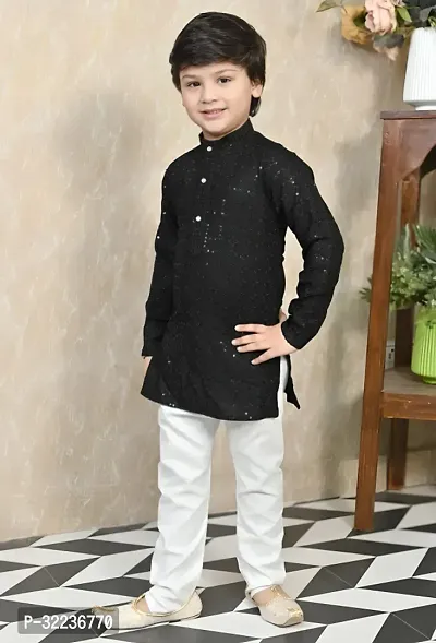 Elegant Black Cotton Blend Embellished Kurta with Pajama Set For Boys-thumb2