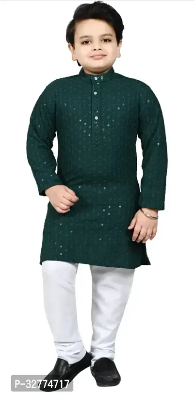 Elegant Green Cotton Blend Embroidered Kurta Pajama Set For Boys