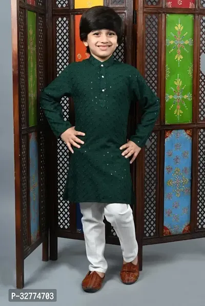 Elegant Green Cotton Blend Embroidered Kurta Pajama Set  For Boys-thumb0