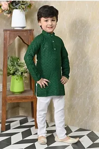 Elegant Green Cotton Blend Embellished Kurta with Pajama Set For Boys-thumb4