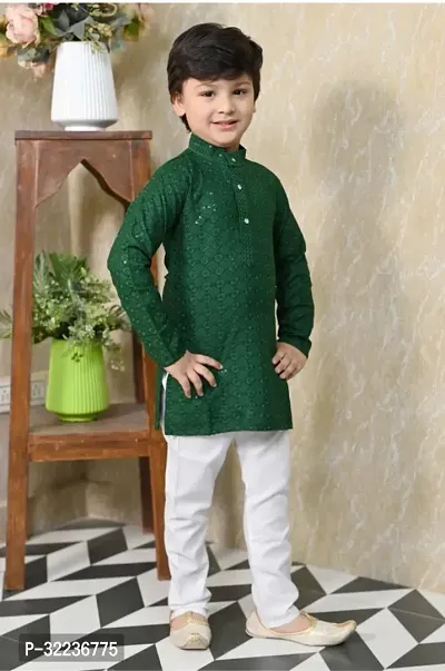 Elegant Green Cotton Blend Embellished Kurta with Pajama Set For Boys-thumb5