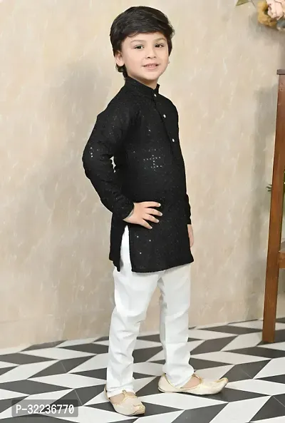 Elegant Black Cotton Blend Embellished Kurta with Pajama Set For Boys-thumb4